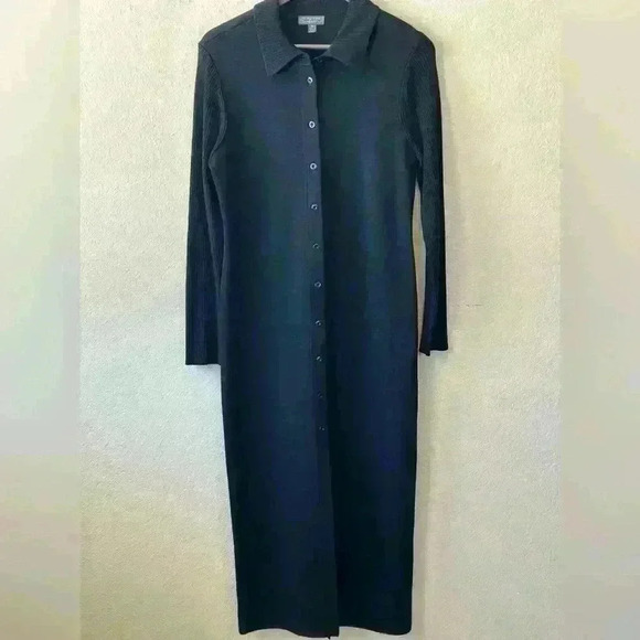 Classics Entier Women's Sz M Black Button-Front Midi Shirtdress Merino Wool Goth - Picture 1 of 12